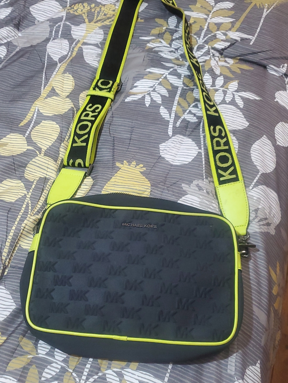 Michael Kors Black Crossbody Messenger Bag with Neon Yellow Trim
